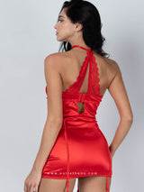 Red satin babydoll with lace, garters & stockings