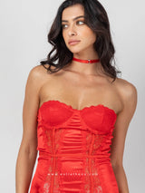 Red satin babydoll with lace, garters & stockings