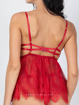 Red sheer babydoll with lace & string panty