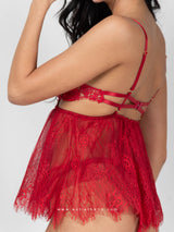 Red sheer babydoll with lace & string panty
