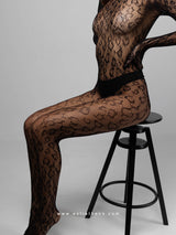 Black bodystocking with animal pattern and open back