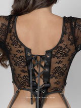 Black lace bodysuit with long sleeves and garters