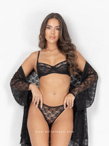 Black lace lingerie set with bra, brazilian panty and robe