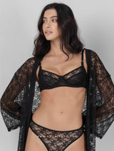 Black lace lingerie set with bra, brazilian panty and robe