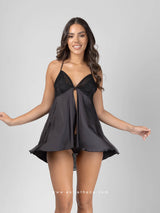 Black satin babydoll with lace and tulle
