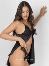 Black satin babydoll with lace and tulle