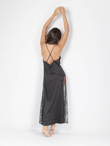 Black satin long nightdress with lace and cross straps
