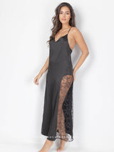 Black satin long nightdress with lace and cross straps