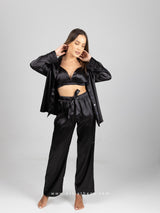 Black Satin Pajama Set with Shirt