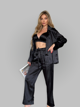 Black Satin Pajama Set with Shirt