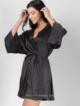 Black satin robe with belt