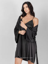 Black satin set with robe and short nightdress