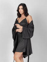 Black satin set with robe and short nightdress