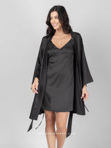Black satin set with robe and short nightdress