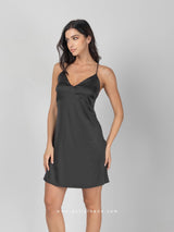 Black satin short nightdress with cross straps