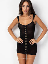 Black sheer fitted dress with gold fastenings