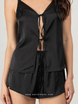 Black pajama set with sheer bust detail