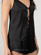 Black pajama set with sheer bust detail