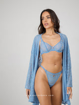 Blue sheer lingerie set with robe