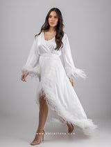 Bridal white long robe dress with nightgown and feathers