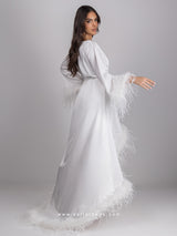 Bridal white long robe dress with nightgown and feathers