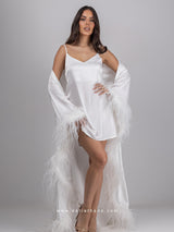 Bridal white long robe dress with nightgown and feathers