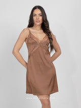 Brown satin nightdress with lace bust