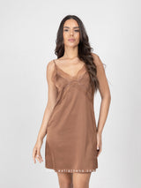Brown satin nightdress with lace bust