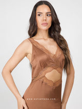 Brown satin nightdress with lace