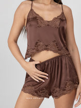 Brown satin pajama set with lace