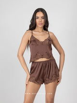 Brown satin pajama set with lace