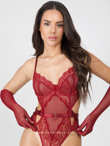 Burgundy lace bodysuit with mesh