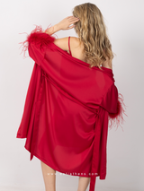 Burgundy Satin Robe Set with Feathers