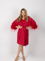 Burgundy Satin Robe Set with Feathers