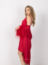 Burgundy Satin Robe Set with Feathers