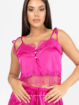 Fuchsia satin pyjama set with lace, pearls and string