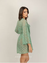 Lace set with green bra, brazilian slip and robe