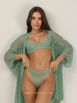 Lace set with green bra, brazilian slip and robe