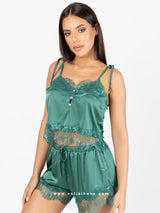 Green satin pyjama set with lace, pearls and string