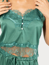 Green satin pyjama set with lace, pearls and string