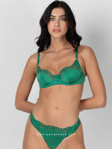 Green satin lingerie set with lace heart pattern
