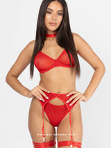 Red sheer lingerie set with choker and garters