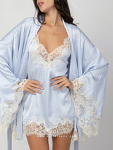 Light blue satin robe and nightdress set with beige lace