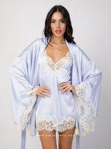 Light blue satin robe and nightdress set with beige lace