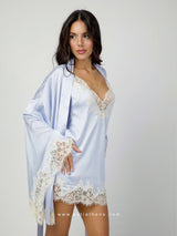 Light blue satin robe and nightdress set with beige lace