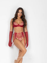 Red lingerie set with sheer embroidery, garters & gloves