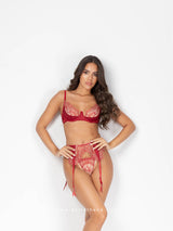 Red lingerie set with sheer embroidery, garters & gloves