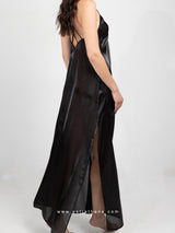 Black long nightdress with side slits and cross back straps