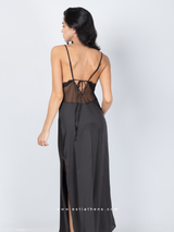 Black satin long nightdress with lace and side slit