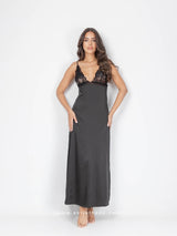 Black satin long nightdress with lace and side slit